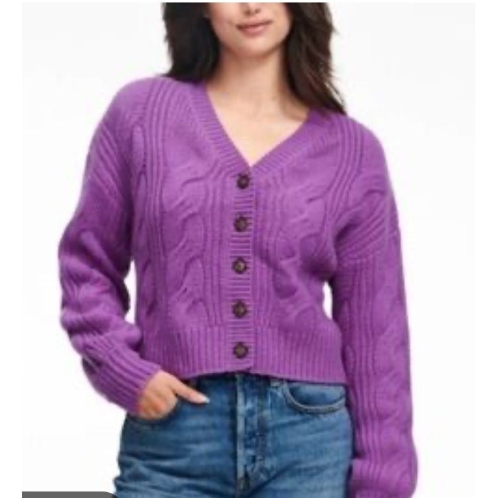 NAADAM Purple Wool Cashmere Cable Knit Cropped Cardigan Sweater Womens XS